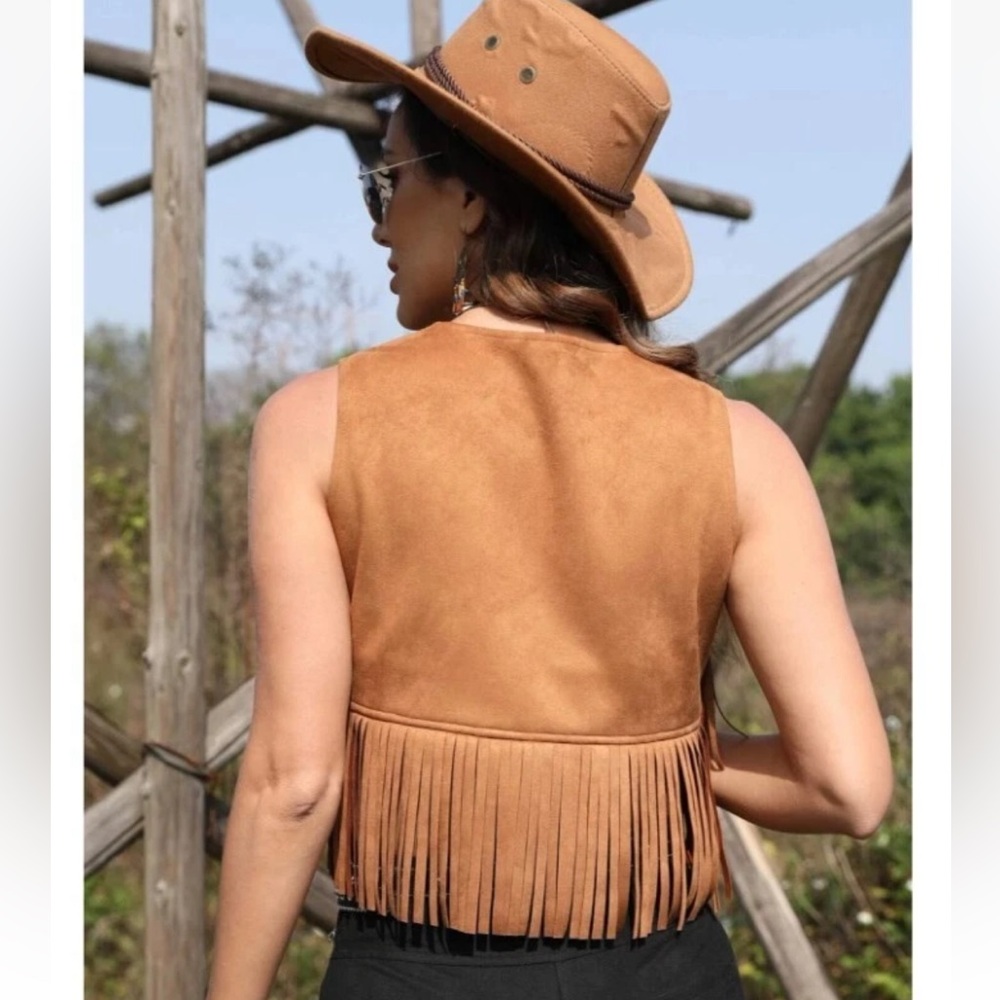 New Fringe Trim Open Front Crop Vest Jacket - Picture 2 of 3